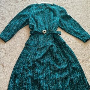 Green and Blue Long Sleeve Bishop Sleeve Dress